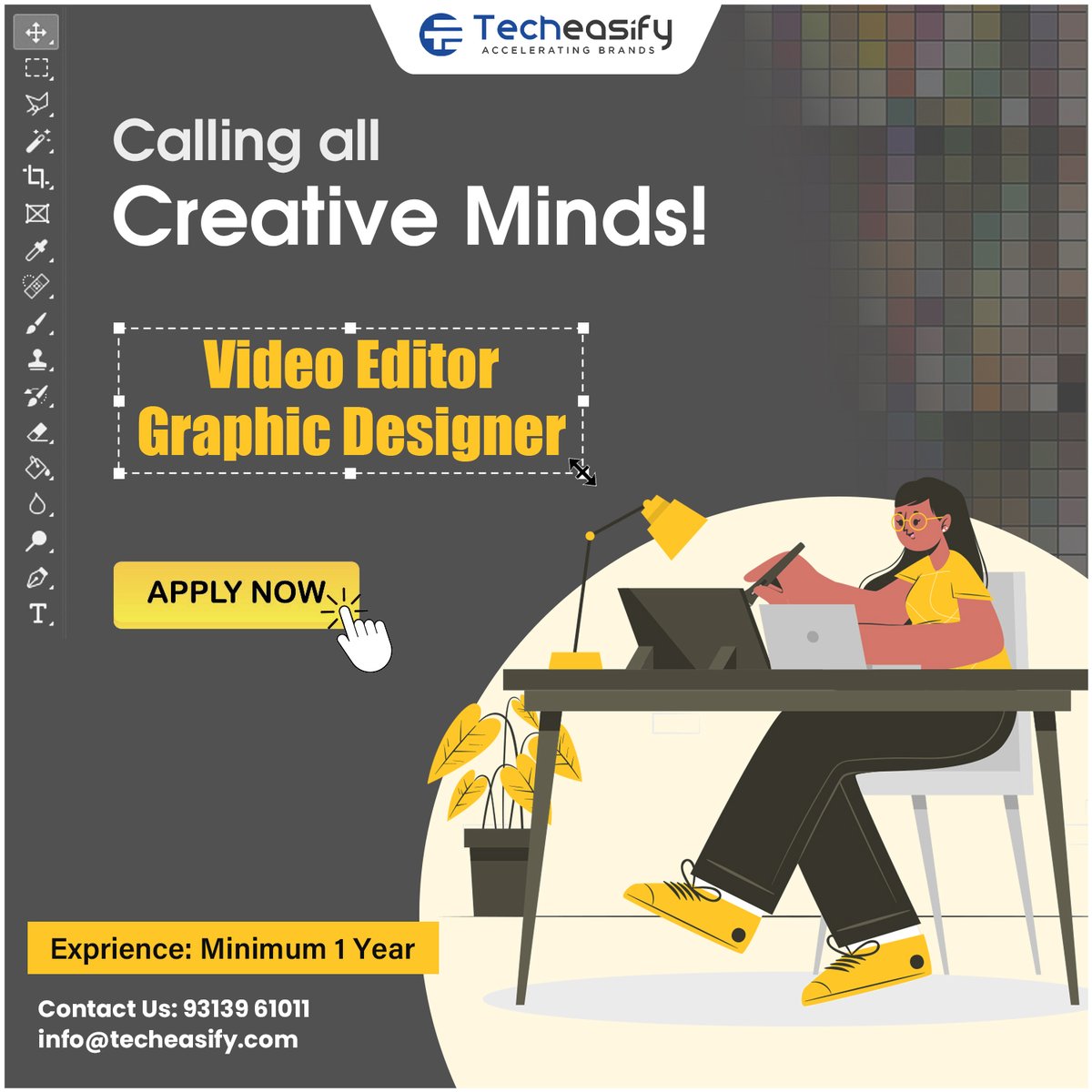 TechEasify's tweet photo. We are seeking a creative and enthusiastic video editor. The ideal candidate should be able to create visually appealing videos to effectively communicate the brand's message.

#Techeasify #VideoEditor #Hiring #GraphicDesigner #Creative #team #experience #creativity #creative https://t.co/i7FtYSmTko