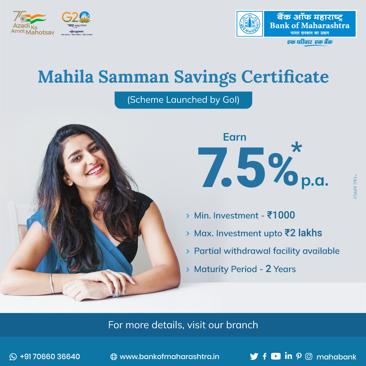mahabank's tweet photo. Secure Her Future with Mahila Samman Savings Certificate! Invest up to ₹ 2 lakh for two years at a fixed interest rate and #empowerwomen and girls with a strong financial foundation. Don't miss this limited-time opportunity!
#BankofMaharashtra #MahilaSamman #FixedInterest https://t.co/L8DlXMLvNK