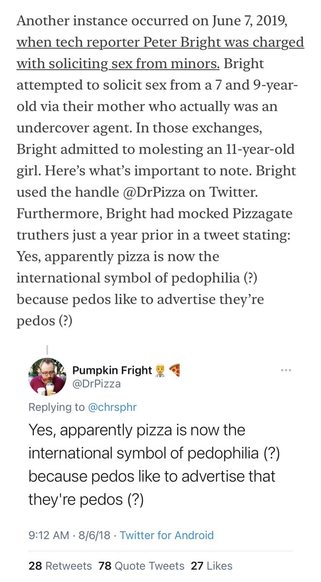 LizCrokin's tweet photo. ABC’s James Gordon Meek is not the first journalist who has debunked, mocked or lied about Pizzagate who has been arrested for pedophilia. Meet journalist Peter Bright AKA Dr. Pizza! Read what he had to say about Pizzagate in 2018.👇🏻Fast forward to 2020, he was convicted for attempting to have sex with a 7 and 9-year-old and admitted to molesting an 11-year-old. Mark my words now, there will be more so-called journalists arrested for child sex crimes who “debunked” Pizzagate. 💅🏼 Go back to my feed now and read my next tweet.