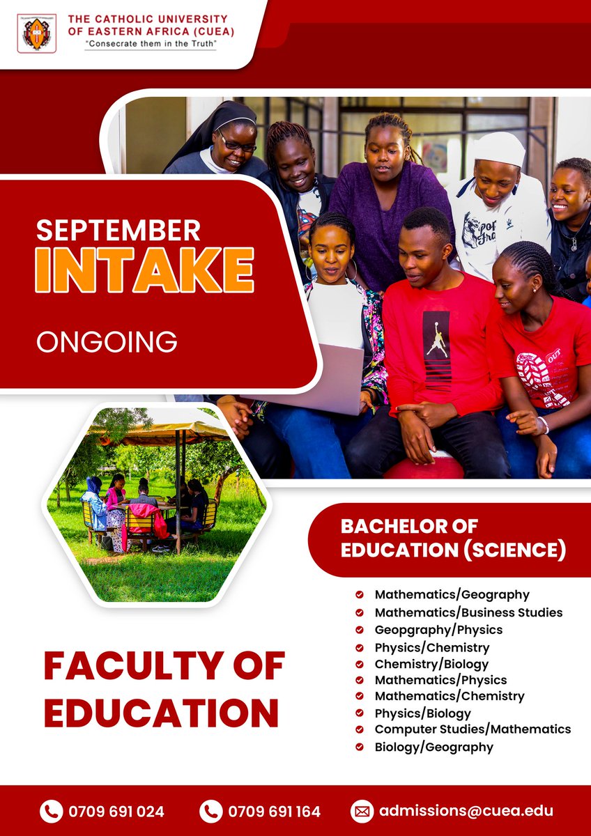 cuea_official's tweet photo. Ignite the Spark of Knowledge! Join the Catholic University of East Africa's Bachelor of Education Sciences program and embark on a transformative journey to become a skilled educator. #ExperienceCUEA, #StudyatCUEA #UniofChoice https://t.co/u32rIqrXUl