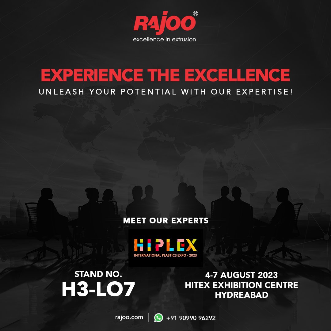 Discover the limitless possibilities of extrusion at the HIPLEX Expo! Elevate your knowledge and tap into your true potential with our expert insights. Join us.
Don't miss out !

#HIPLEX2023 #HIPLEXexpo #extrusionevolution #excellence #PlasticsExhibition #RajooEngineers #Plastic