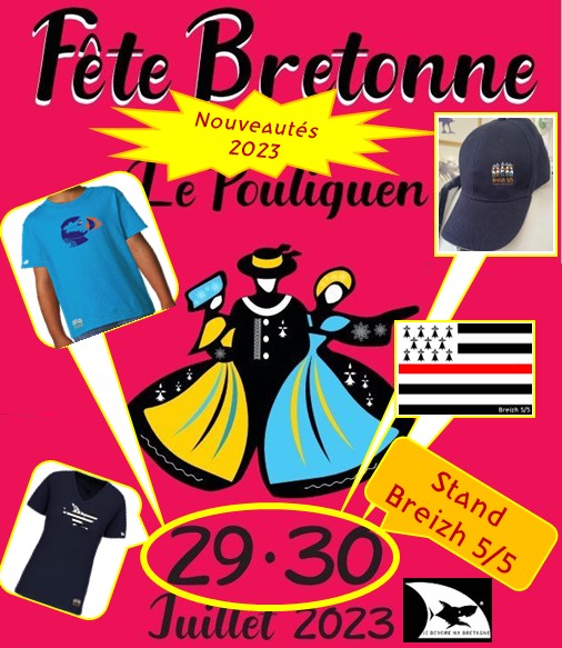 Breizh5sur5's tweet photo. Samedi 29 et dimanche 30 juillet 2023 à La fête Bretonne du Pouliguen : Outre le marchandisage classique, les nouveautés 2023 sur le stand “Breizh 5/5” !
#JDMB #pouliguen
A lire sur https://t.co/mXX9UD1Z6s Actu du 28 juillet 2023 https://t.co/0llvBP59Ij
