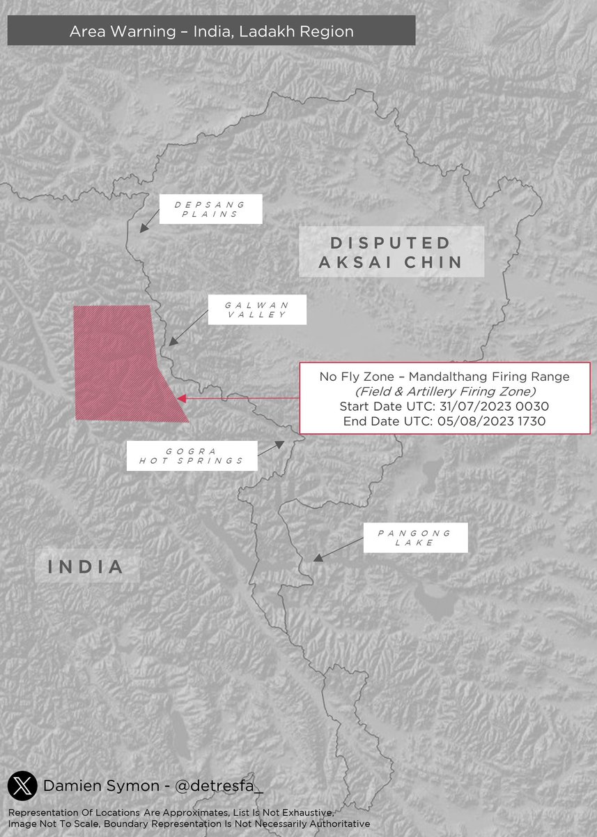 TheYouthPlus's tweet image. #AreaWarning #India issues a notification for a no fly zone in the #Ladakh region, activating the 'Mandalthang Firing Range' for 'High Trajectory Firing' practice by the Indian Army    

Dates | 31 July - 05 August 2023

Report @detresfa_