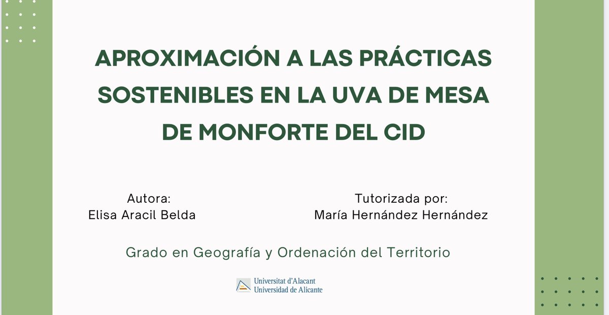 En el grado en Geografía y Ordenación del Territorio, Elisa Aracil defendió ayer su #TFG "Aproximación a las prácticas sostenibles en la #uvademesa 🍇 de #Monforte del Cid", tutorizada por la profesora María Hernández 
enhorabuena a la nueva geógrafa‼️ 👏🏽
#geografia #geografiaua