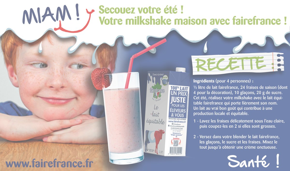 Fairefrance's tweet photo. Secouez votre été avec FaireFrance le lait équitable ! Il fait si chaud !! 🥵🥵
Rien de tel qu'un #Milkshake au bon #LaitEquitable #FaireFrance pour vous rafraichir un peu ! 😉🤩 https://t.co/lsO8uPufFY