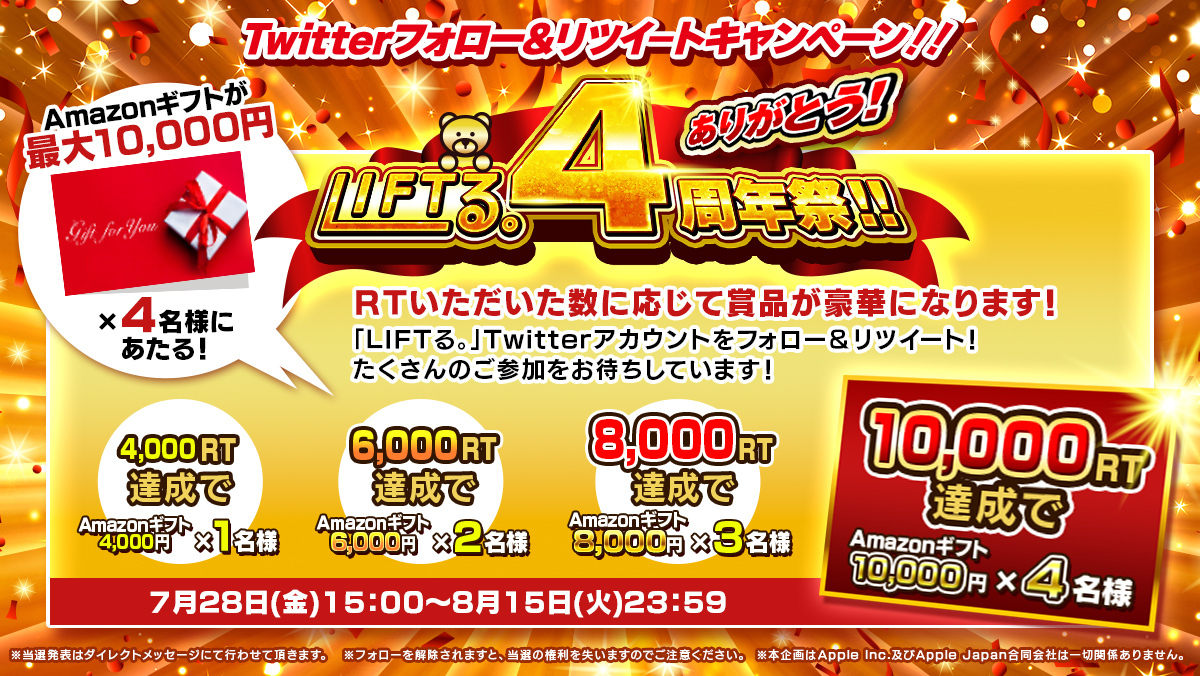 liftlegenda1's tweet photo. 🥳ありがとう❗LIFTる。4周年祭‼🎉

皆さまのおかげで、LIFTる。は4周年を迎えることができました🙌
心からの感謝の気持ちを込めて✨
このツイ���トのリツイート数に応じて、どんどん賞品が豪華になるスペシャルキャンペーンを実施します😆⤴⤴

なななんと❗
最大で10,000円分のAmazonギフトを4名様にプレゼント‼😍

応募は
①アカウントフォロー
②このツイートを #RT
するだけ✨

目指せ10,000RT‼✊
お友達やご家族皆さんでご参加くださいッ‼🤩

利用規約
▶https://t.co/EJhVhe8ArR

#懸賞 #アマギフ #オンクレ #4周年 #周年祭
#りふとる大好き