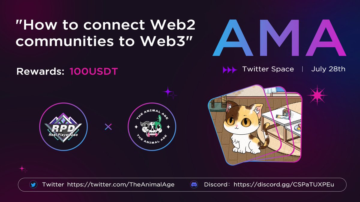 TheAnimalAge's tweet photo. Don't miss today's AMA with RPD @realplayerdao!
Join us as we connect game developers and players in the metaverse, fostering industry growth and a fair gaming environment.
#RealPlayerDAO #AMA #MetaverseGaming https://t.co/hG3u2JZcrw