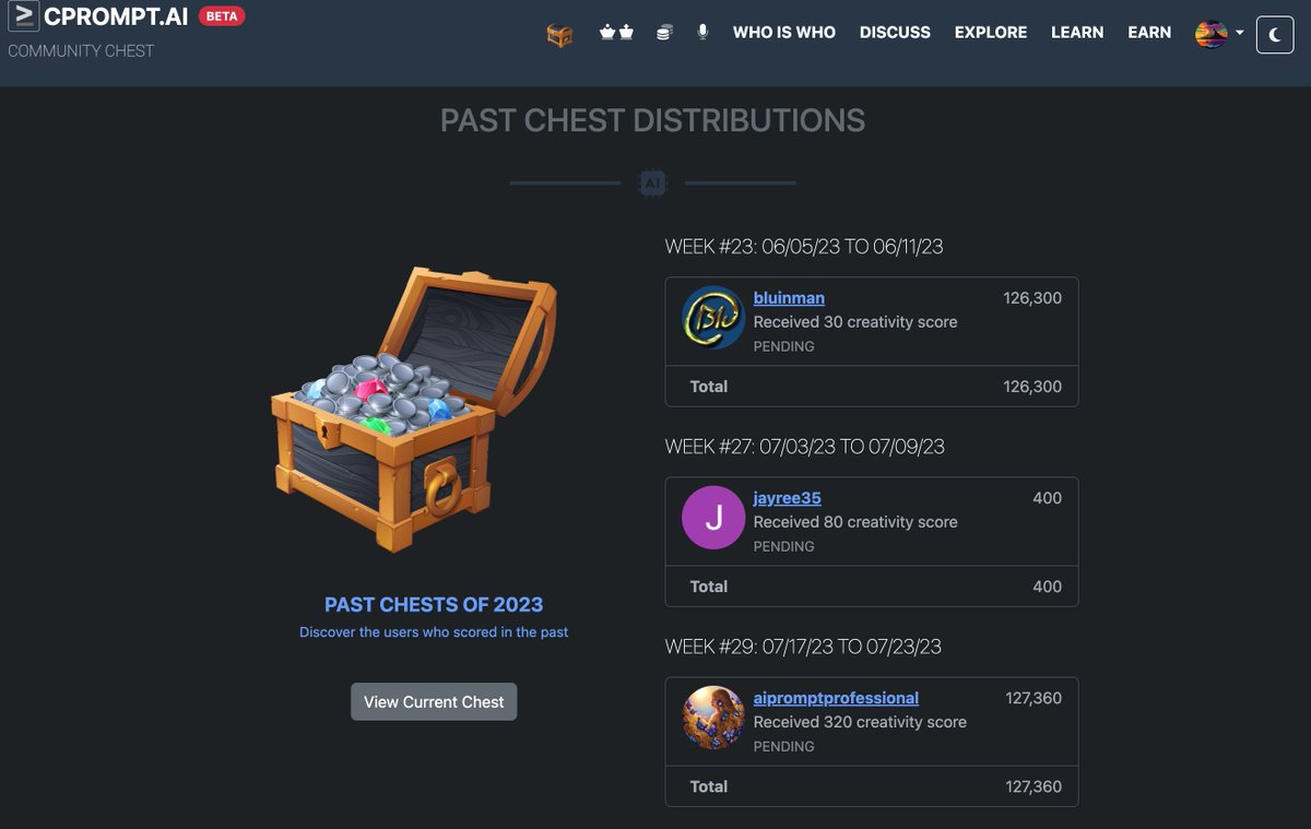 CPROMPT.AI Community Chest automatically chooses winners every Sunday!