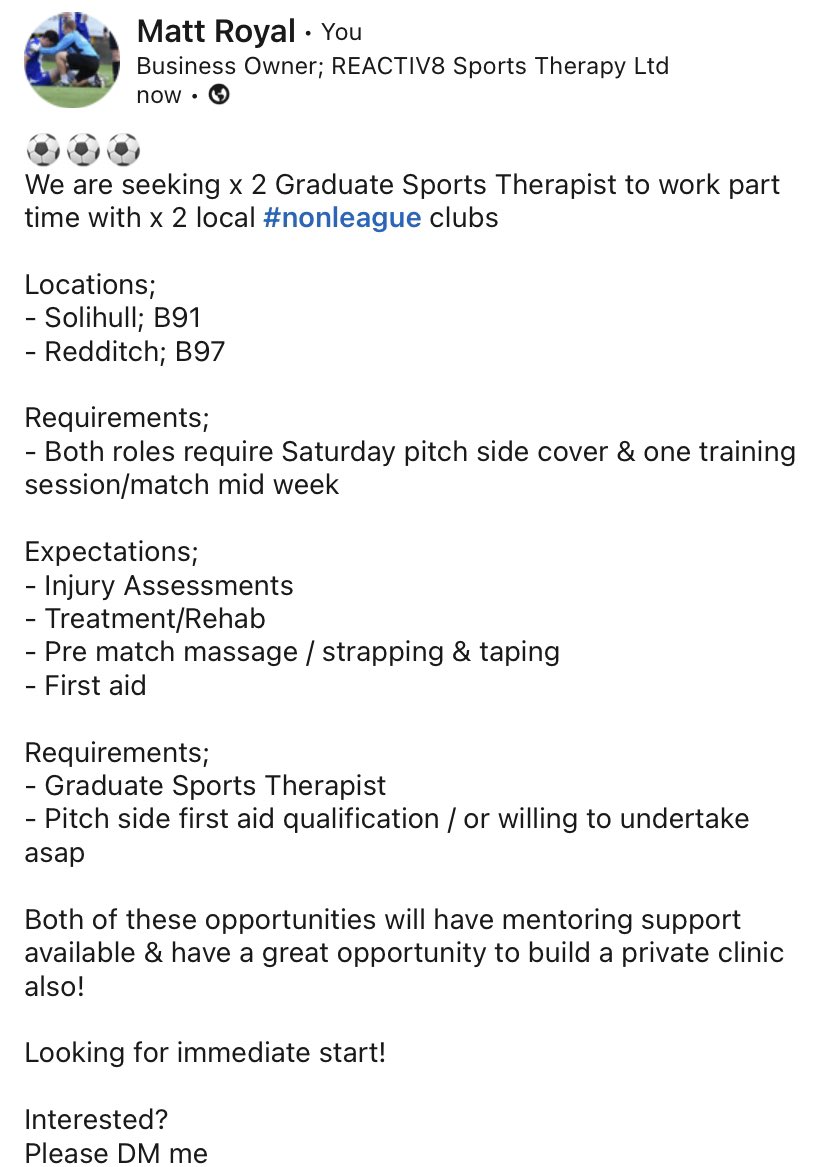 MattRoyal18's tweet photo. Seeking graduate sports therapists!⚽️
@TheSSTofficial @UK_STA 

Please retweet.. https://t.co/f8geMIMqyR