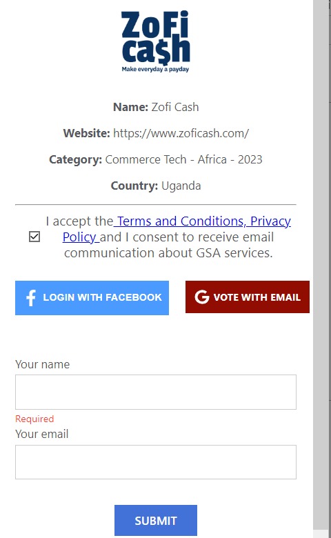 Awards: @EAfricaSAwards
Nominee: @ZofiCash 
category: Commerce Tech Africa 2023

Click on link >>>bit.ly/3DmDri3 to vote now

#GSAAfrica2023
#GSAwards