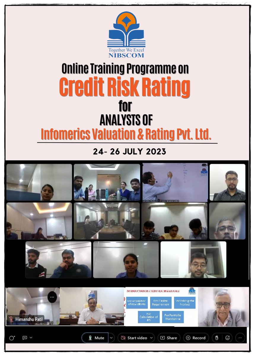 Nibscom_Noida's tweet photo. NIBSCOM Noida conducted 3 days online Program on Intricacies of Credit Risk Rating for Analysts working with Infomerics, one of the RBI accredited Credit Rating Agencies. #banking #training #creditrisk #corporate #nbfcs https://t.co/a0t4mUlrNF