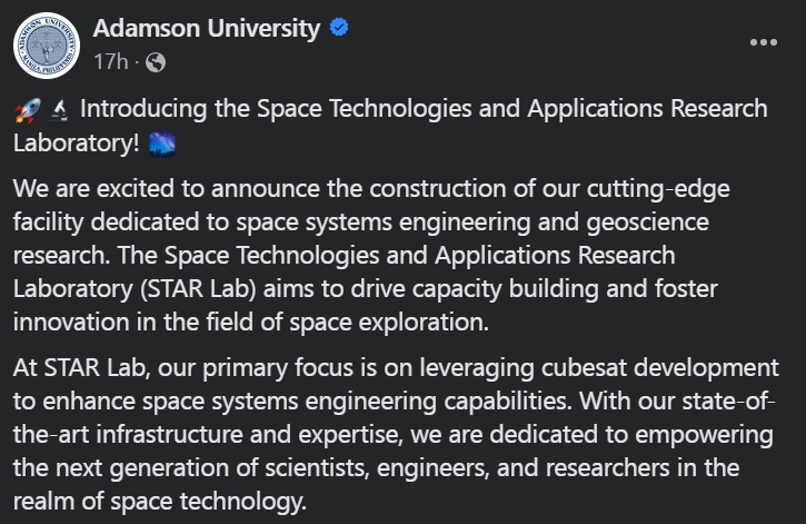 adamson_u's tweet photo. SEE: A sneak peak of the University's brand new Space Technologies and Applications Research Laboratory.

📸 : AdU STAR Lab https://t.co/V0FaR177FA