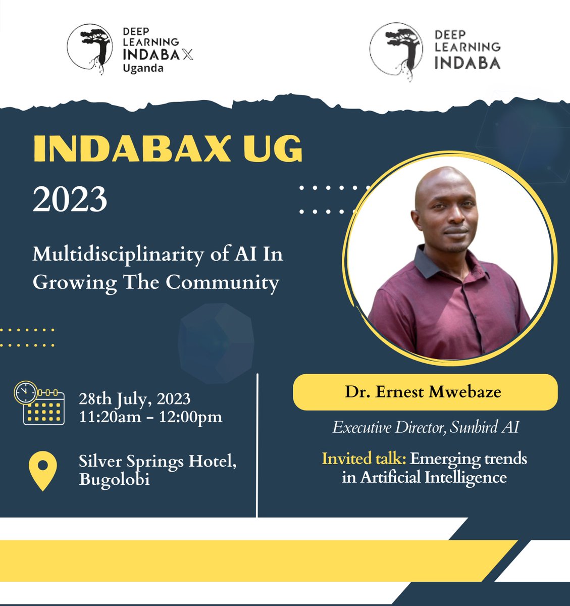 LeonardoDeBtc's tweet photo. 📢 Excited to announce our second speaker Dr. @emwebaze the Executive Director of @SunbirdAI for #IndabaXUG2023 physical workshop! https://t.co/VRKzZD2RHv
