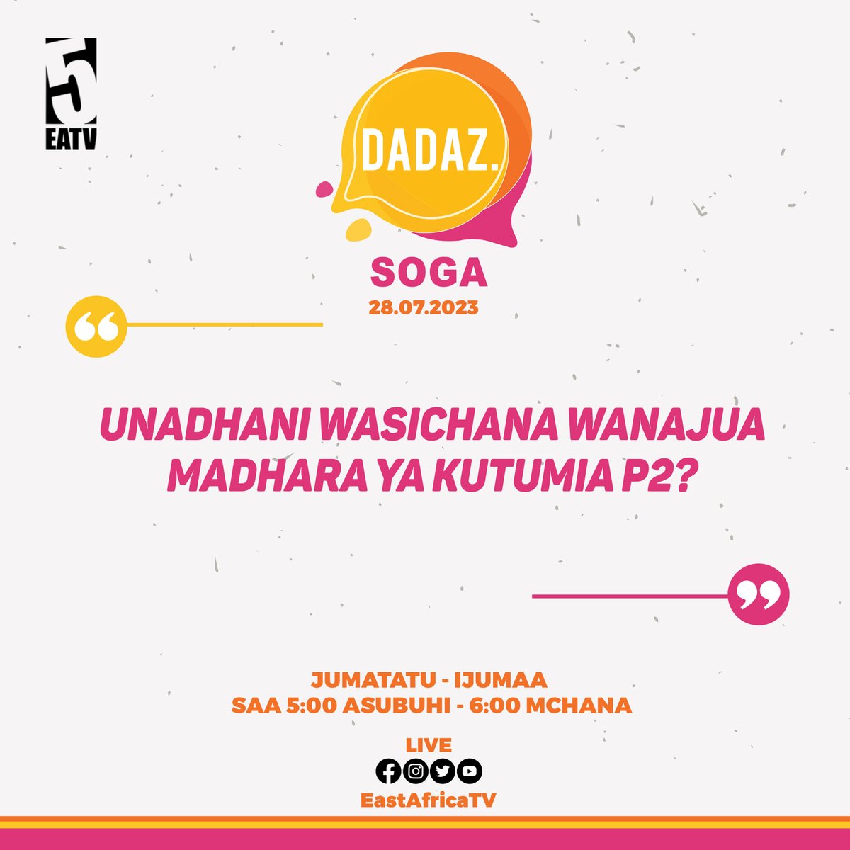 eastafricatv's tweet photo. #DADAZ Unadhani wasichana wanajua madhara ya kutumia P2?
Dondosha comment yako na itasomwa LIVE kwenye show kuanzia saa 5:00 Asubuhi hii ting'ani #EastAfricaTV
Cc @bhokeegina #MissPower #Wanawake #P2 https://t.co/1z6FOb1tdN
