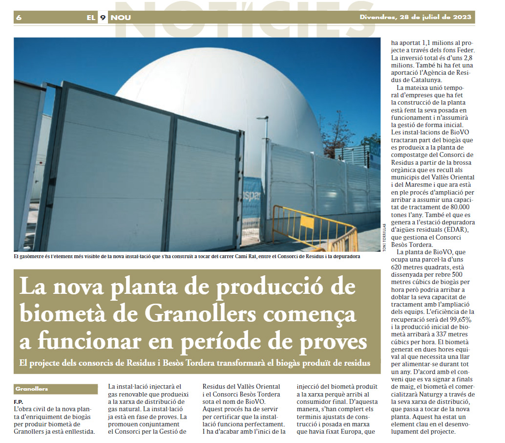consorcibesos's tweet photo. 🗞️♻️Avui @el9nou_vor informa sobre l'entrada en funcionament de la planta #BioVO ubicada a Granollers per a la producció de #biometà procedent del #biogàs generat a l'EDAR Granollers @consorcibesos i a la planta de compostatge de @cresidusvo.
@IDAEenergia @Naturgy @nedgia https://t.co/ywZrwr9hHR