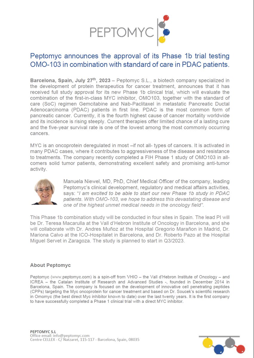 We are thrilled to announce that we finally have the approval for our Phase 1b study to test OMO-103 in metastatic PDAC patients in combination with standard of care in first line! This is another milestone for <a href="/peptomyc/">PEPTOMYC</a> and its fantastic team. Stay tuned.