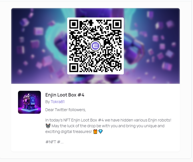 toka2204's tweet image. Dear Twitter followers,

In today&apos;s NFT Enjin Loot Box #4 we have hidden various Enjin robots! 🤖 May the luck of the drop be with you and bring you unique and exciting digital treasures! 🎁💎
1️⃣ 🖤♻️ Tag friends
2️⃣ Follow me on Twitter..
3⃣ Drop @Efinity EFI QR code

#Efinity