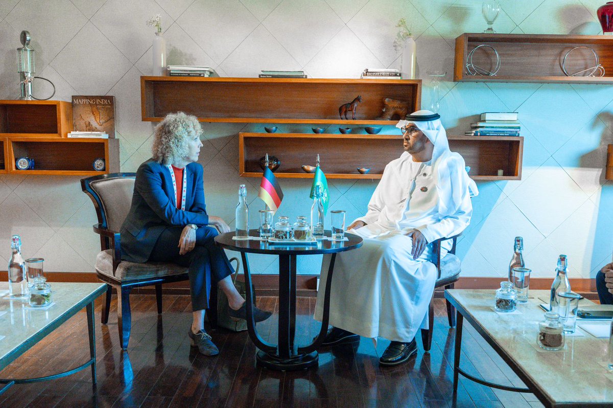 #DrSultanAlJaber had an engaging discussion w/ @climateMorgan, 🇩🇪’s Special Envoy for Climate, in Chennai.
They discussed coordinating efforts to accelerate the mobilization of the USD 100 &amp; the importance of delivering on the doubling of adaptation finance ahead of #COP28.