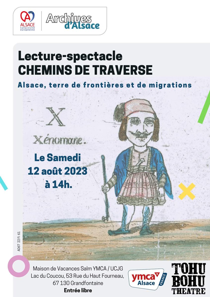 Le samedi 12 août, à 14h, le spectacle CHEMINS DE TRAVERSE sera joué à la maison de Salm (lac du Coucou, 67130 Grandfontaine). Une façon originale d'aborder les mobilités humaines, suivi d'un temps d'échanges sur la transmission de la mémoire.