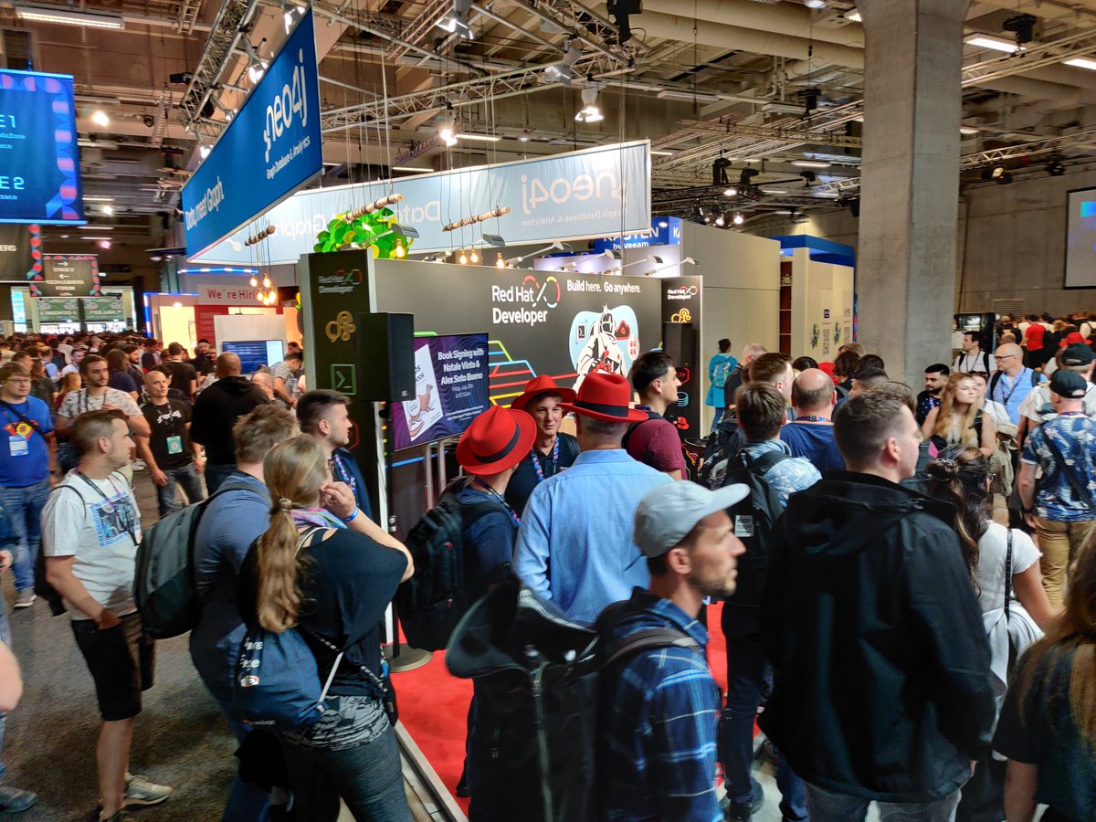 First day of <a href="/WeAreDevs/">WeAreDevelopers</a> conference is a wrap, the second day full of more tech goodness is up today. Drop by the <a href="/RedHat/">Red Hat</a> #DevNation booth for more live coding, book signings, the last fedoras 😉 and great chats on #cloudnative  and developer tools. See you.