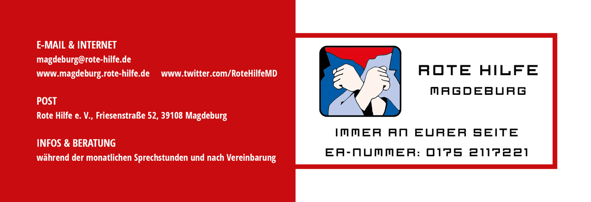 RoteHilfeMD's tweet photo. Wir sind an eurer Seite! Unsere Nummer für den Ermittlungsausschuss (EA) ist für euch geschaltet, wenn ihr heute im Protest gegen den AfD-Parteitag festgenommen wurdet. Ruft uns einfach an: 0175 2117221

#noAfD #gegenhalten #MD2807 #MD2907 https://t.co/YQwN1WXXb6