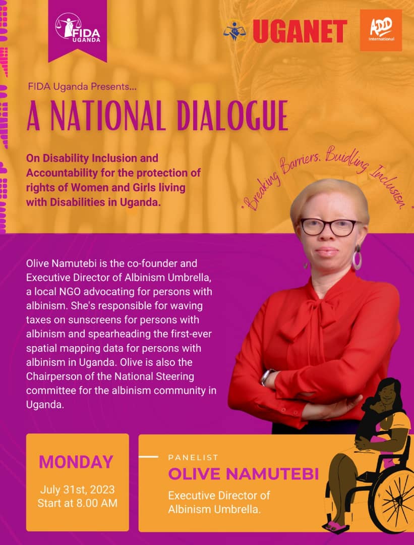 Am honoured...
This Monday, 31st July, I shall be taking part in the National Dialogue by FIDA Uganda.
The theme is; Breaking Barriers, Buidling Inclusion.

We need to account for the protection of the rights of women and girls with disabilities in this our believed country.