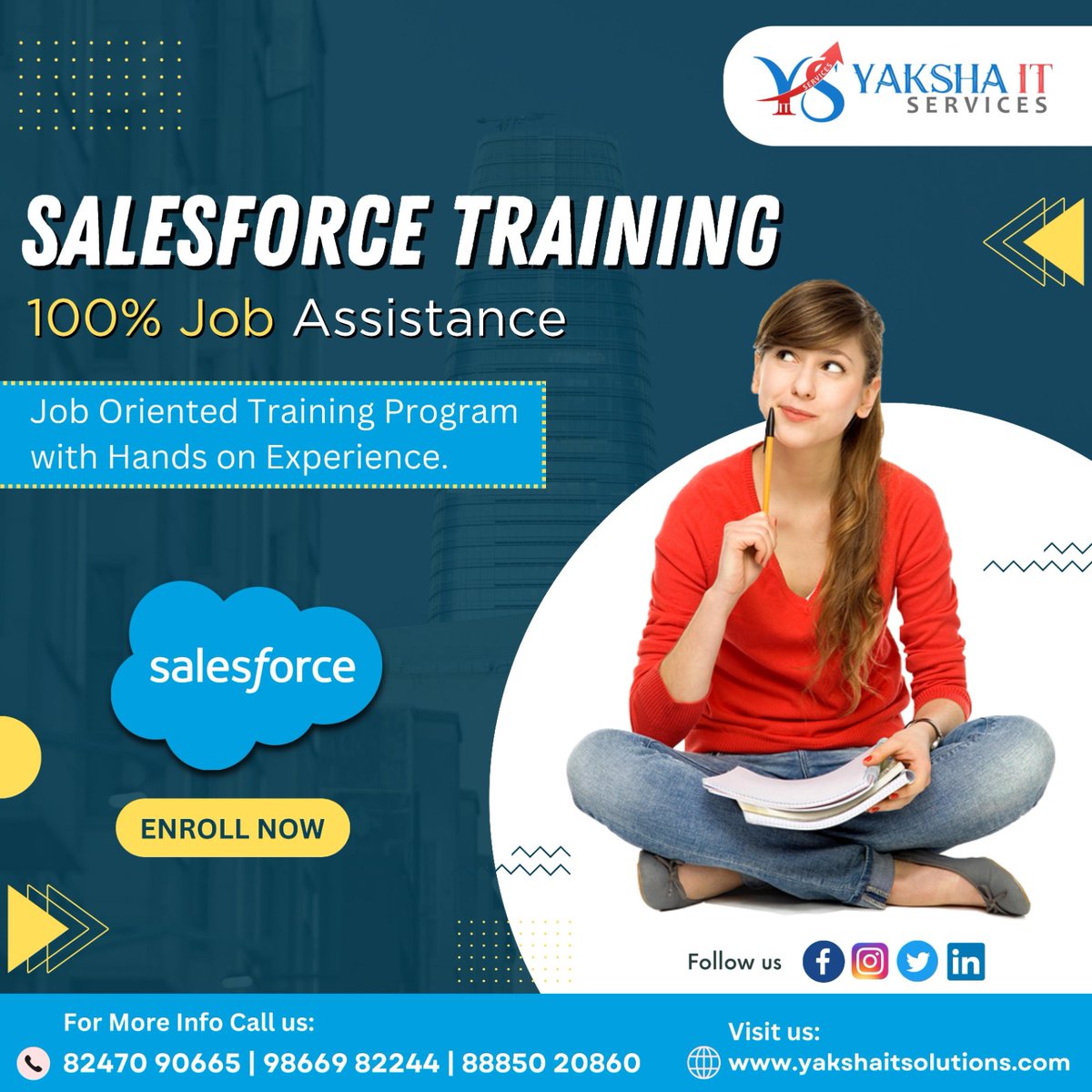 Learn #Salesforce job oriented training program with hands on experience.

For more info:
Call/what's app 📲📞
88850 20860 | 98669 82244 | 82470 90665

Visit us:  yakshaitsolutions.com

#salesforce #onlinelearning #salesforcetraining #Ameerpet #yakshait