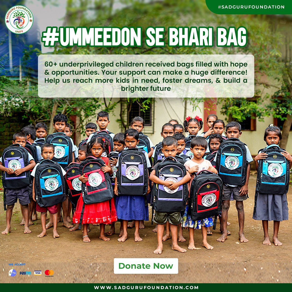 The #Umeed they need from you to foster their dreams. Donate to help our cause.
.
.
#educateandempower #futureofindia #giveback #helpingothers #feedthehungry #changelives #helpneeded #impactinglives #donate #sadgurufoundationunity #educateachild #donateclothes #donateforacause