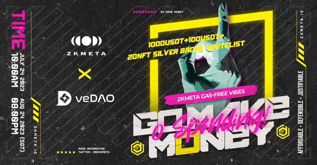 🚀 Go! Make m0ney! 🚀
@vedao_official X @0xZkMeta Joint Airdrop is coming! 

zkMeta.io is committed to building a #0Gas fee blockchain (L2 network) and its Testnet is coming soon! To celebrate, we set up this event!🎉

Now:50 $USDT Giveaway
⏰Duration: July 28 - 31