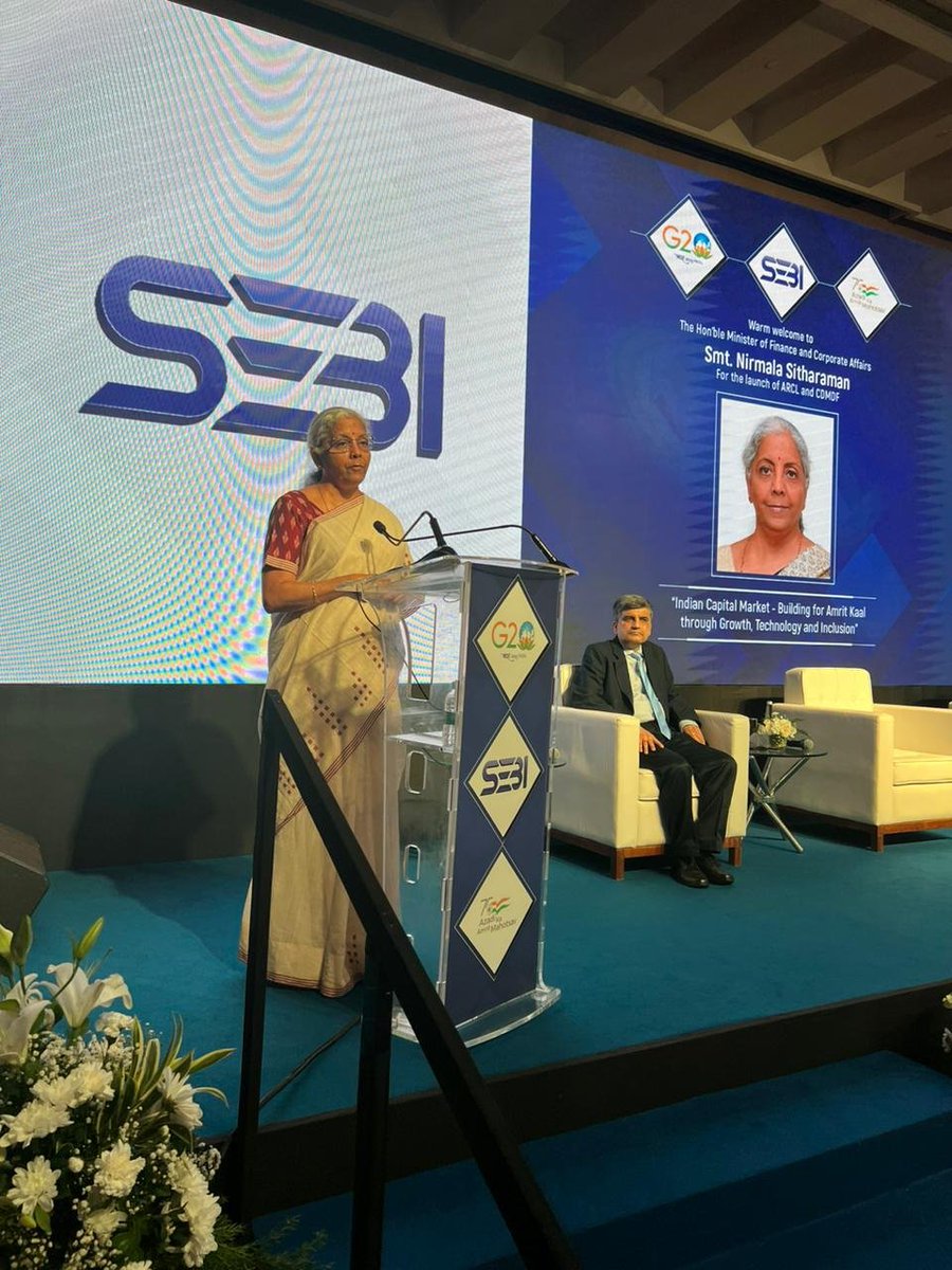 nsitharamanoffc's tweet photo. Smt @nsitharaman addresses the audience post the launch of the AMC Repo Clearing Limited #ARCL and the Corporate Debt Market Development Fund #CDMDF for corporate bonds in Mumbai.
Also present on the occasion are @SEBI_India Chairperson Smt Madhabi Puri Buch & Secretary Department of Economic Affairs (DEA) Shri Ajay Seth.