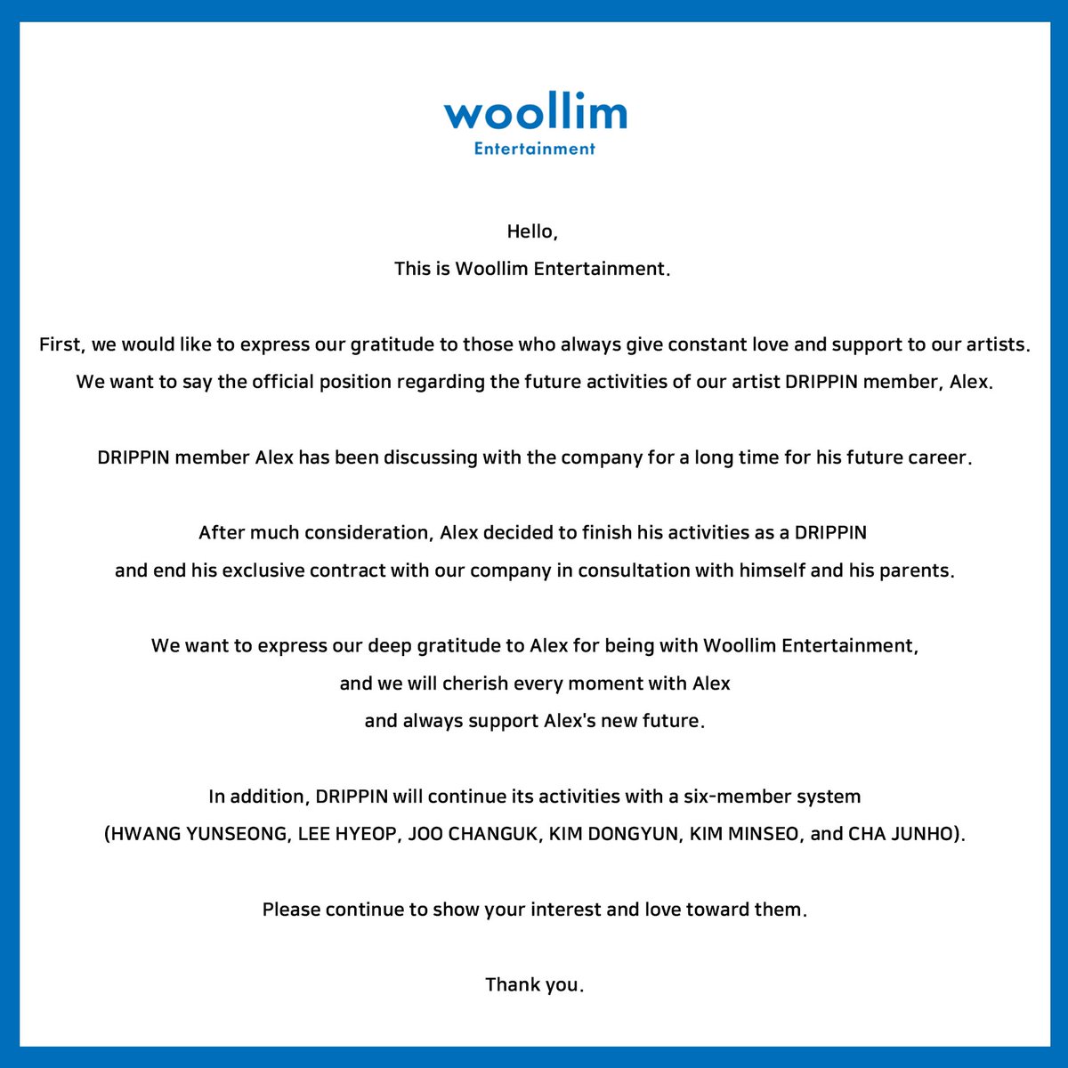 DRIPPIN has announced that ALEX has left the group and the company. He has been on hiatus since January.

<a href="/DRIPPIN/">DRIPPIN</a> #DRIPPIN #ALEX