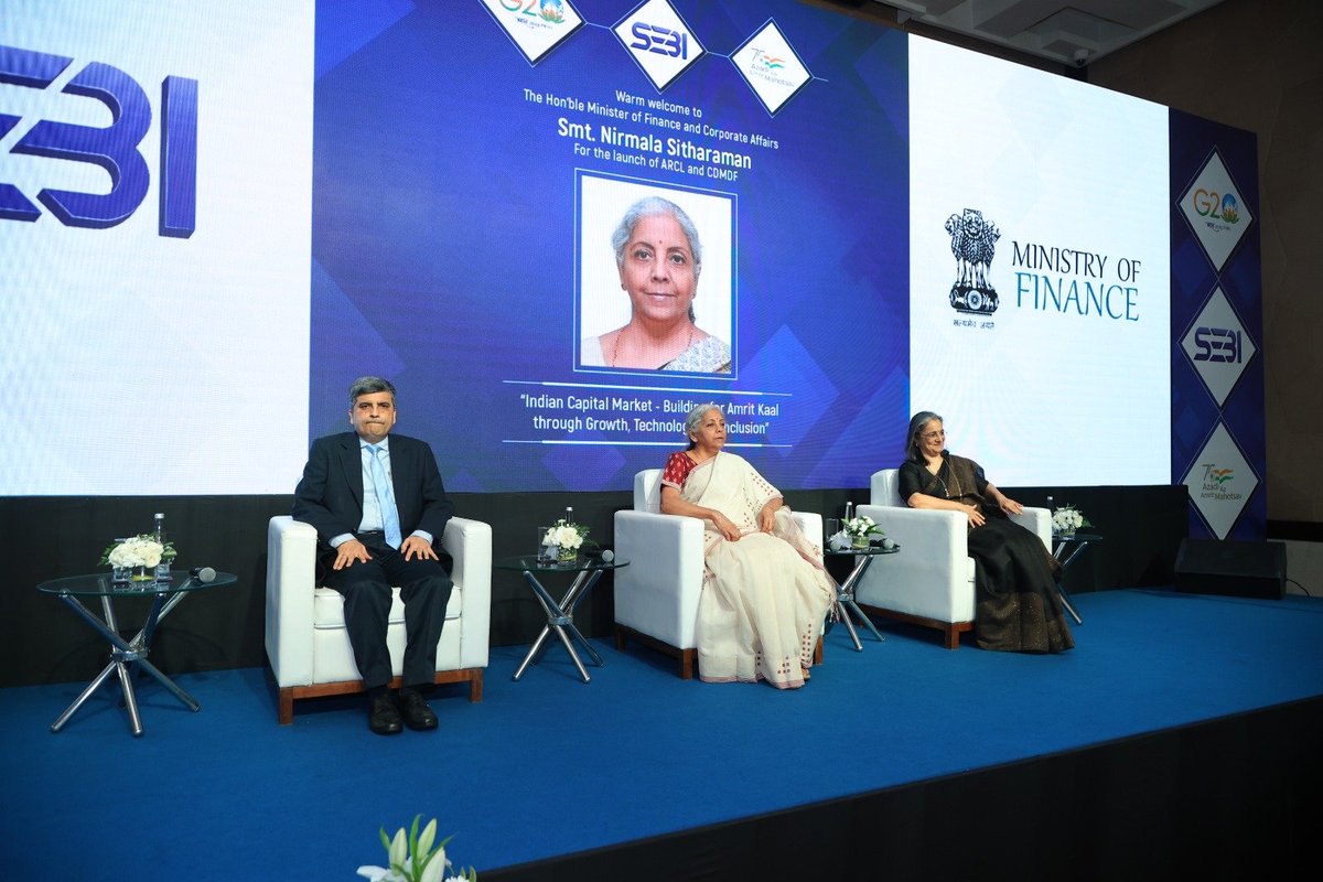 nsitharamanoffc's tweet photo. Smt @nsitharaman addresses the audience post the launch of the AMC Repo Clearing Limited #ARCL and the Corporate Debt Market Development Fund #CDMDF for corporate bonds in Mumbai.
Also present on the occasion are @SEBI_India Chairperson Smt Madhabi Puri Buch & Secretary Department of Economic Affairs (DEA) Shri Ajay Seth.
