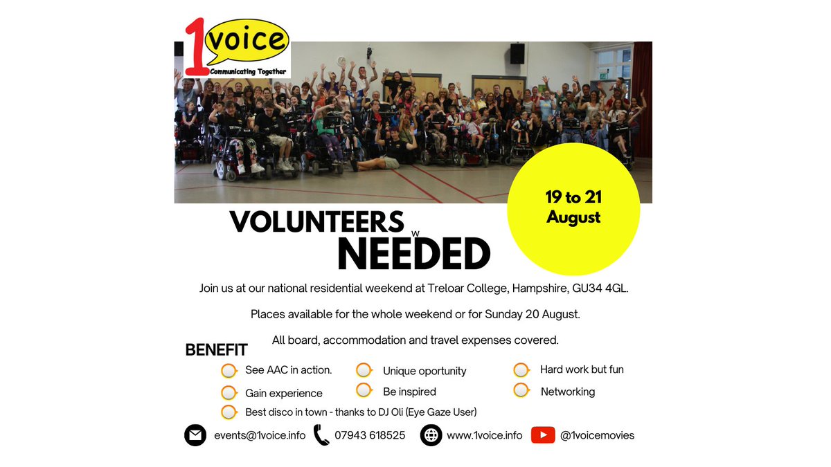 1VoiceAAC's tweet photo. Last call for #volunteers for our national #AAC weekend. All accommodation, board and travel expenses covered. Places available for the whole day or just Sunday 20 August. This short film was made at last year's weekend   https://t.co/puh8VOjehP
#fun #community #rolemodels #team https://t.co/WhFhxuwpvM