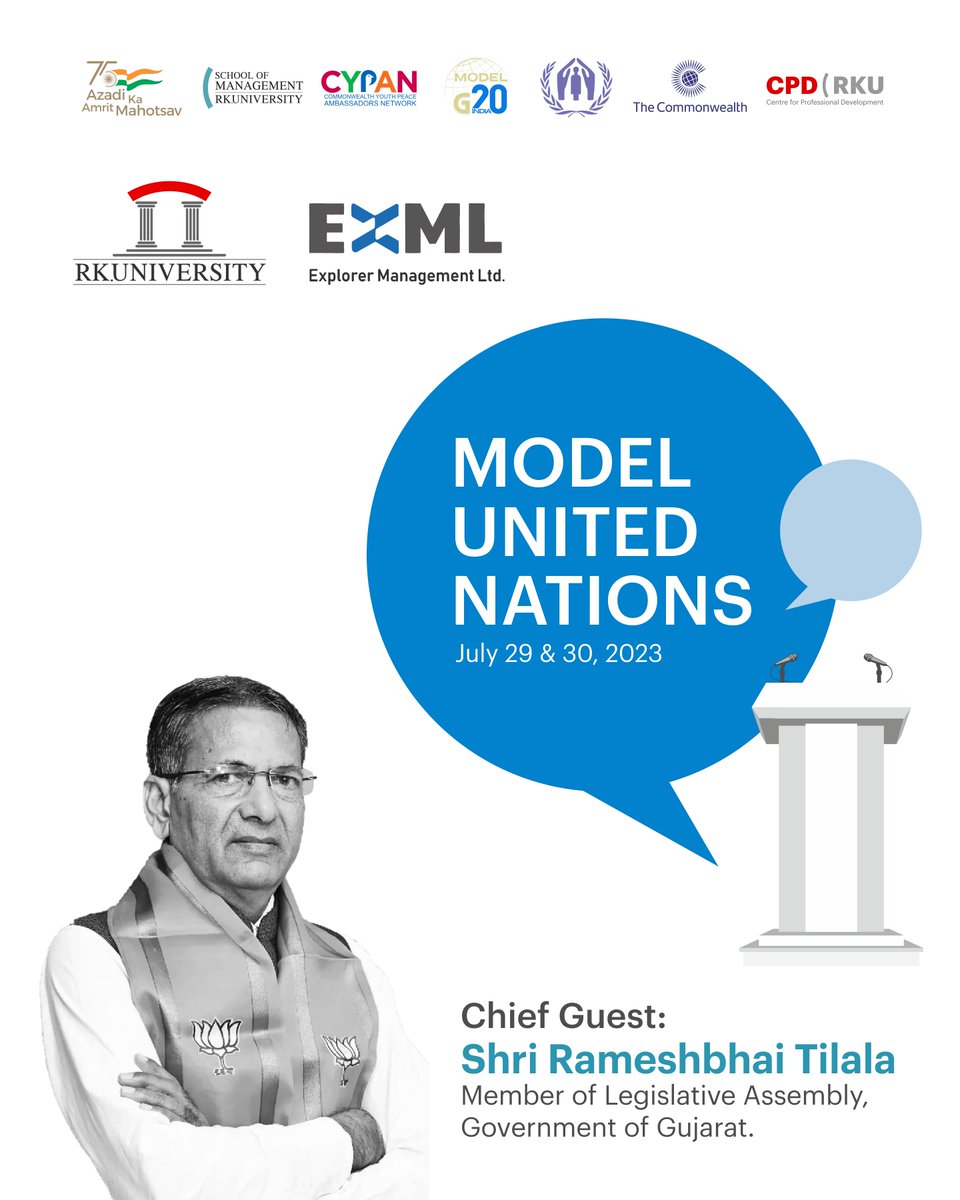 RKUniversity's tweet image. RK University welcomes Honourable Shri Rameshbhai Tilala and Honourable Dr Darshita Shah as chief guests in 'Model United Nation - Rajkot' organised by Explorer Management Ltd. in association with School of Management, RKU.
#modelunitednations #exml #rajkot #India #rkuniversity