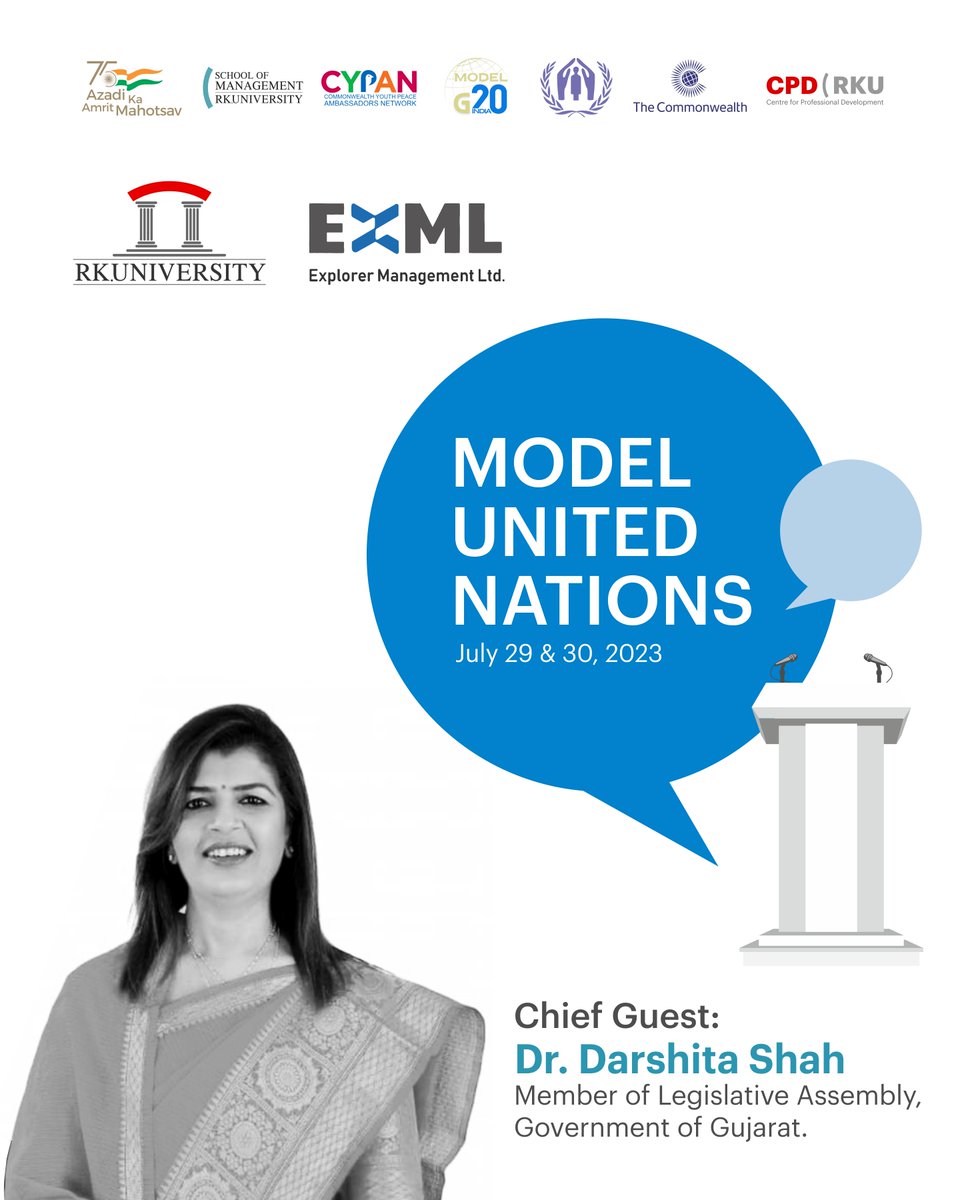 RKUniversity's tweet image. RK University welcomes Honourable Shri Rameshbhai Tilala and Honourable Dr Darshita Shah as chief guests in 'Model United Nation - Rajkot' organised by Explorer Management Ltd. in association with School of Management, RKU.
#modelunitednations #exml #rajkot #India #rkuniversity