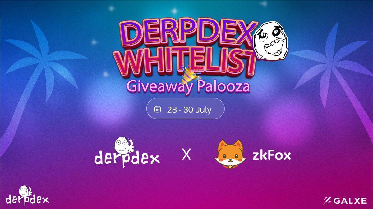 😜Hey derpy peeps! Get your derpy dance moves ready, 'cause it's WHITELIST #Giveaway time with @zk_zkfox 📅 July 28 - July 30 🎁 30 x DerpDEX Whitelist 🔗 Complete the task here: galxe.com/derpDEXcom/cam… Derp it like it's hot! Spread the word, let's make this giveaway trend…