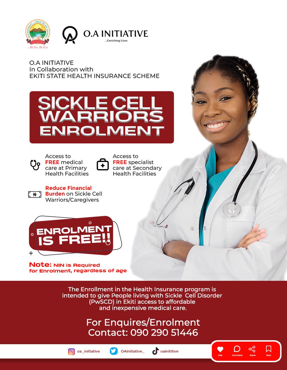 AsiwajuOladimej's tweet photo. Extension of Sickle Cell Warriors Free Medical Care Enrollment in Ekiti State

We (O.A. Initiative @OAinitiative_) are pleased to announce that the deadline for enrolling Sickle Cell Warriors in the Ekiti State Health Insurance Scheme's FREE HEALTH CARE PROGRAMME had been extended till August 30.

This will allow O.A. Initiative to enlist those who were unable to do so because they couldn't obtain their NIN in time. Additionally, it will provide us more time to enrol more Sickle Cell Warriors in rural areas.

Registration is FREE . Only the NIN of the Sickle Cell Warrior will be required during capturing at the approved Primary Health Care Facility.

For enrolment and more information, contact 09029051446 or visit https://t.co/JUUvxBI3fh

Please, assist us by sharing this vital information across all social media platforms.

Thanks.

 O.A Initiative Advocacy Team Lead, Asiwaju Oladimeji