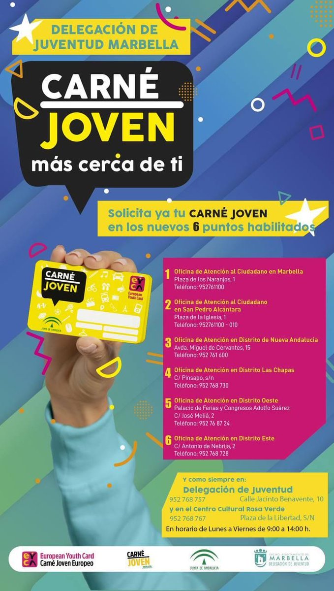 Se han habilitado nuevos puntos para obtener el carnet joven en Marbella y San Pedro, además de los ya existentes (Centro Cultural Rosa Verde. Plaza de la Libertad s/n)
#SANPEDROCULTURA #sanpedroalcantara #sanpedrojuventud