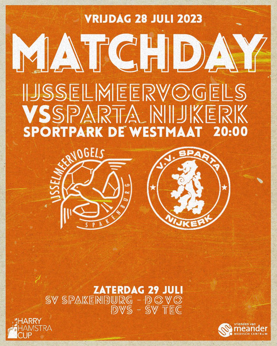 MATCHDAY | Het eerste weekend van de Harry Hamstra Cup start vandaag! Sparta Nijkerk gaat bij IJsselmeervogels op bezoek. 🧡🖤 Morgen zijn de overige twee wedstrijden van speelronde 1 voor de Harry Hamstra Cup in Ermelo.