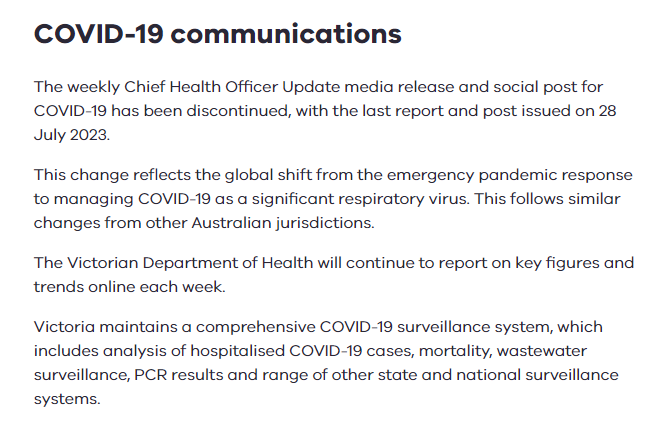 BigBadDenis's tweet photo. The weekly Chief Health Officer Update media release and social post for COVID-19 has been discontinued, with the last report and post issued on 28 July 2023.

@VicGovDH @VictorianCHO 

Source: https://t.co/6lt0jzfTZe https://t.co/KNOcqpsE1i