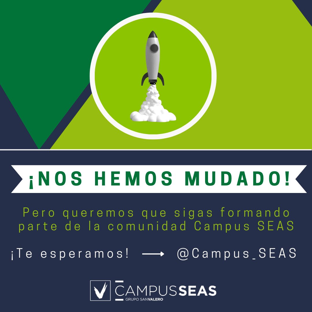 dsigno_'s tweet photo. ⚡ NOS HEMOS MUDADO ⚡

Queremos que sigas formando parte de la comunidad de Campus SEAS 💚

Te esperamos en nuestra nueva cuenta
 @Campus_SEAS 👈

#CampusSEAS
#NosReinventamosContigo
#FormaciónConectadaatuFuturo https://t.co/PcpJ6D9D7W