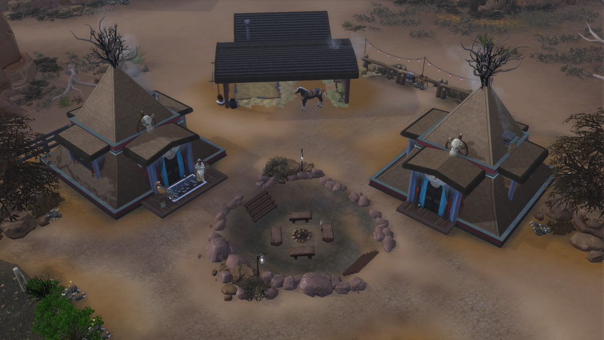 Ryesimsluv's tweet photo. My attempt at making a #NativeAmerican #reservation #TheSims4HorseRanch, Palomino Junction reno, hey @TheSims 👋🏾 why no Teepee's? We already have tents. So tried making my own #Teepees, hope I didn't disrespect the Culture, it was all luv when creating 😊💯✨️ #ShowUsYourBuilds https://t.co/7Mr1nBitUc