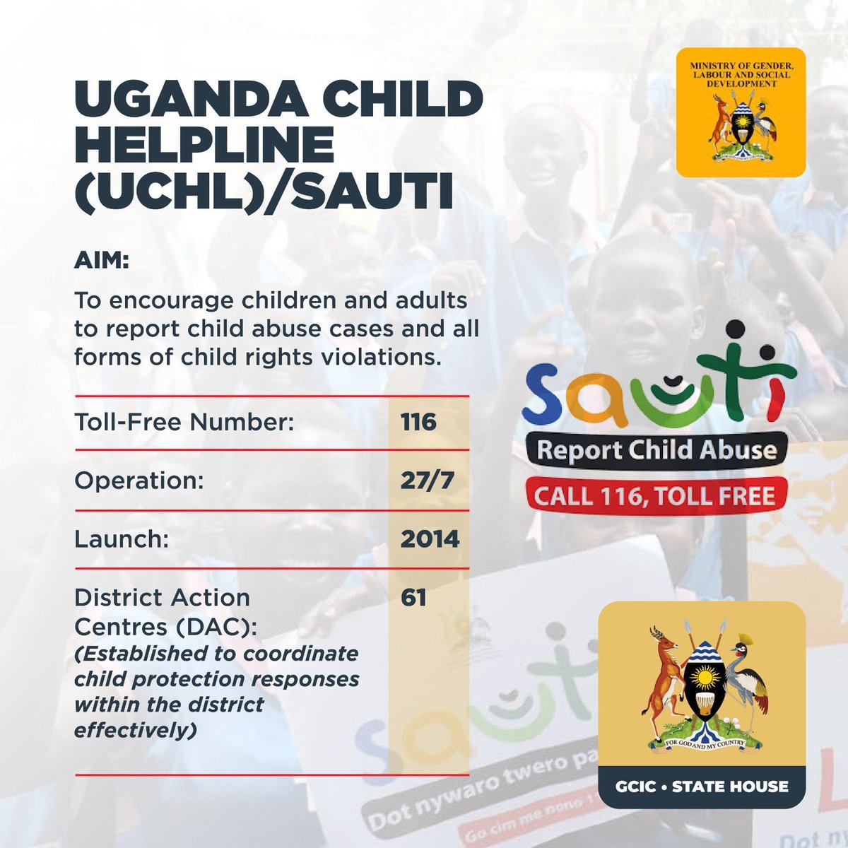 Report Child Abuse in Uganda 
Dial Toll-Free 🆓 Helpline 116.
Together, we can create a safer & nurturing environment for our little ones. 
 #ReportChildAbuse #SafetyFirst
