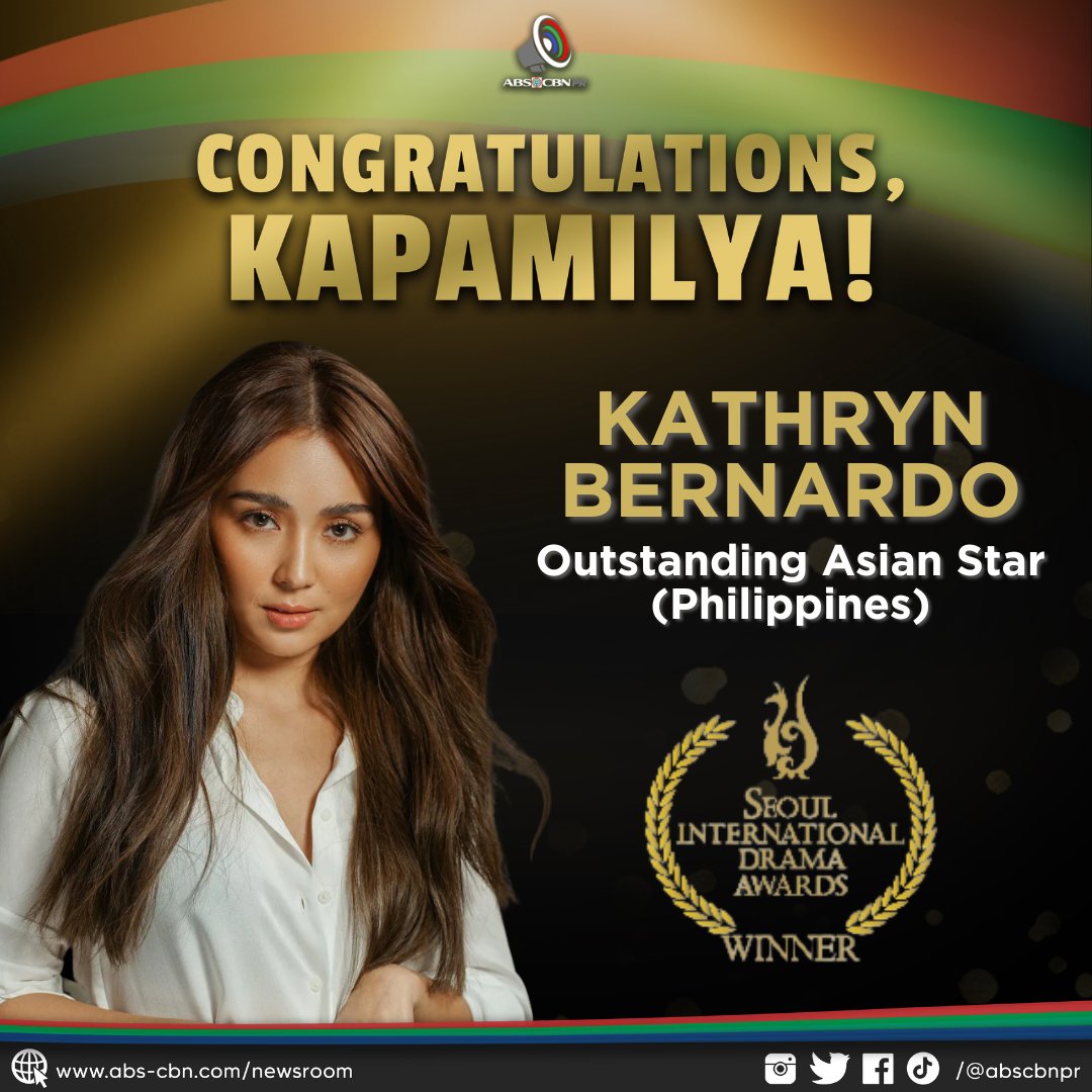 CONGRATS, KATHRYN 🥳🥳

Isa ang Kapamilya actress na si Kathryn Bernardo sa mga itinanghal na Outstanding Asian Star sa Seoul International Drama Awards 2023.

Nakatakdang bumida si Kathryn sa 3 bagong pelikula sa mga susunod na buwan. abscbn.news/3DyvkyZ
