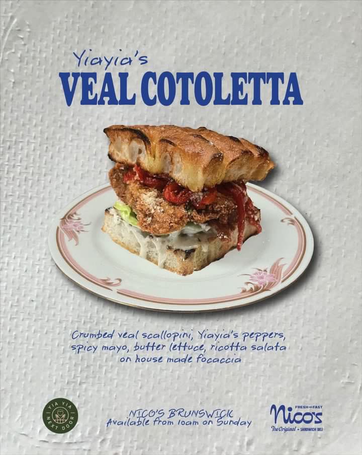 YiaYiaNextDoor's tweet photo. Veal Cotoletta with @YiaYiaNextDoor’s peppers. 

A little colab where love &amp; community are the main ingredients.

Available from 10am @ Brunswick Nico's this Sunday 30 July.

A portion of the proceeds heading to @StKildaMums 

#yiayianextdoor #nicos #sandwich #deli #stkildamums https://t.co/JrZOWdeRRC