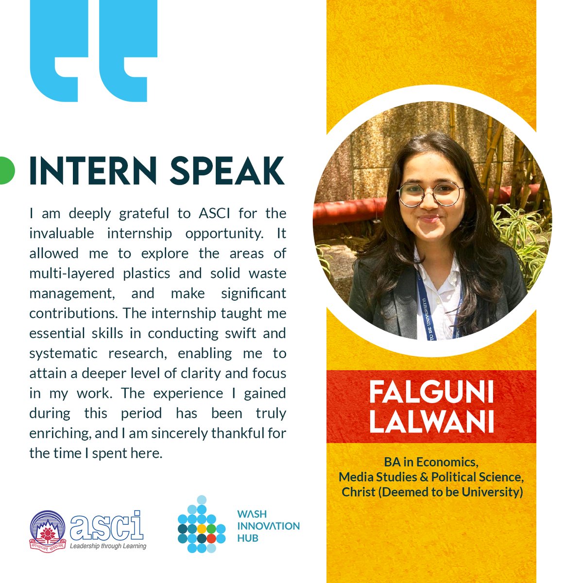 #internspeak 🎉Congratulations, @Falgunilalwani1, on completing your internship!🌟 We're thrilled that you had a rewarding learning experience in the field of solid waste management. Wishing you all the best for your future endeavours! 👏 #internship #SolidWasteManagement