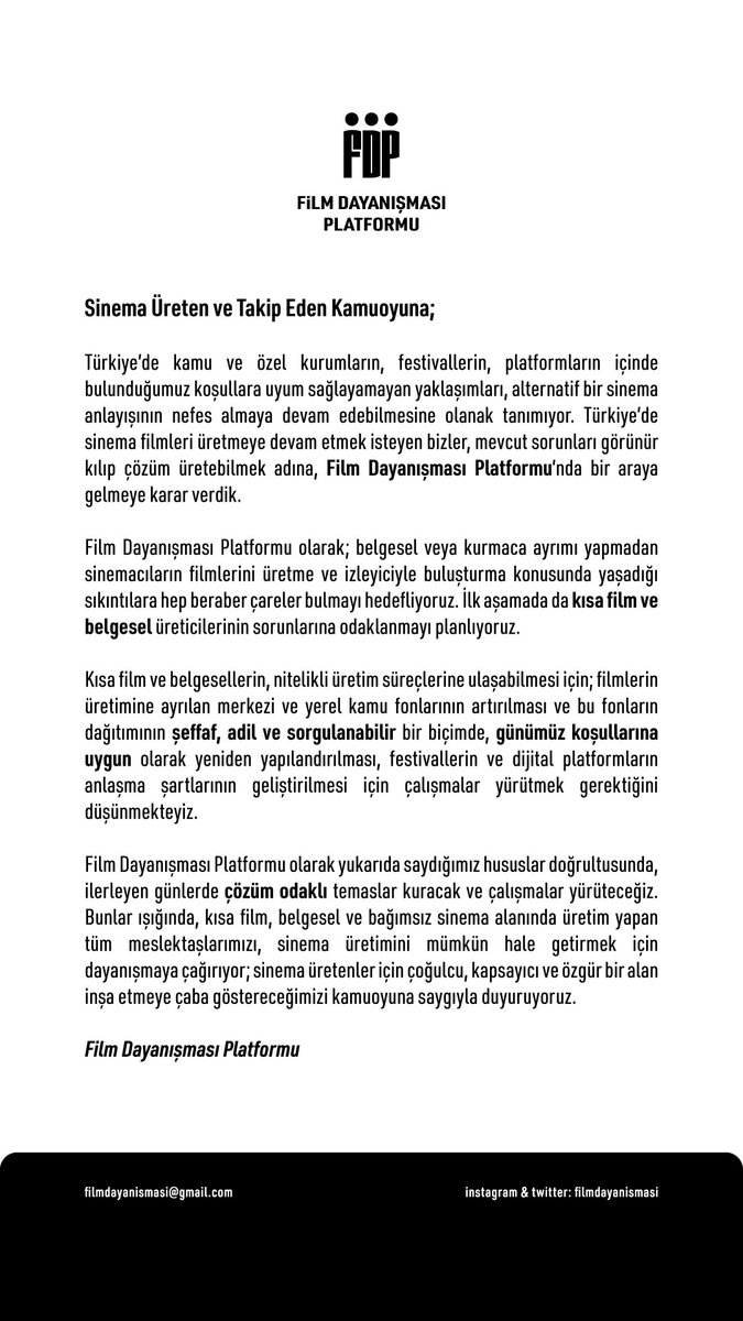 Sinema Üreten ve Takip Eden Kamuoyuna;

Türkiye'de sinema üreten yönetmen ve yapımcılar olarak bir araya geldik.