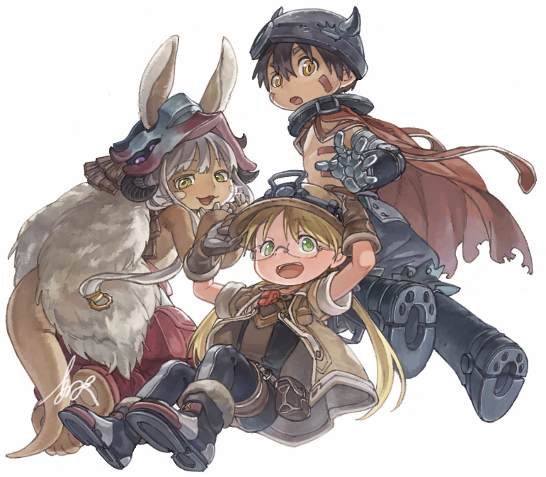 nanachi (made in abyss) helmet glasses brown hair 1boy 1other twintails brown gloves  illustration images