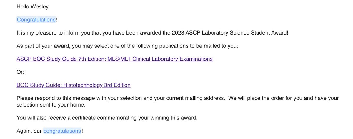 Westermani_Wes's tweet photo. It’s been a hectic couple of weeks from finishing up school, moving out, interviews, etc. But I’m very excited to have been chosen to receive these awards especially the ASCP Laboratory Science Student Award which is a very prestigious award with only 10 students getting it! https://t.co/na7Jch0MQp