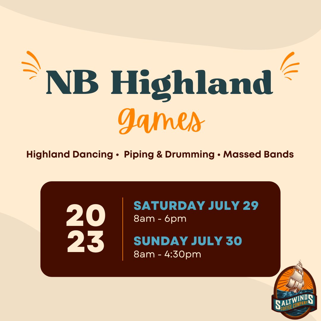 This weekend catch us at the @NBHighlandGames! 🏴󠁧󠁢󠁳󠁣󠁴󠁿☕️ At Saltwinds, we appreciate how this event beautifully parallels the journey of coffee traveling to Canada 🇨🇦 Stop by to get a fresh bag of coffee, free samples & loads of fun!
#NBHighlandGames #CoffeeHistory